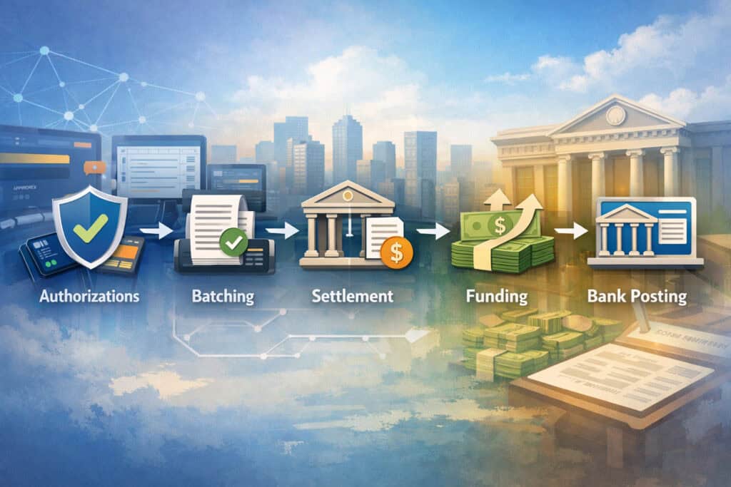 How the Money Moves: Authorizations → Batching → Settlement → Funding → Bank Posting