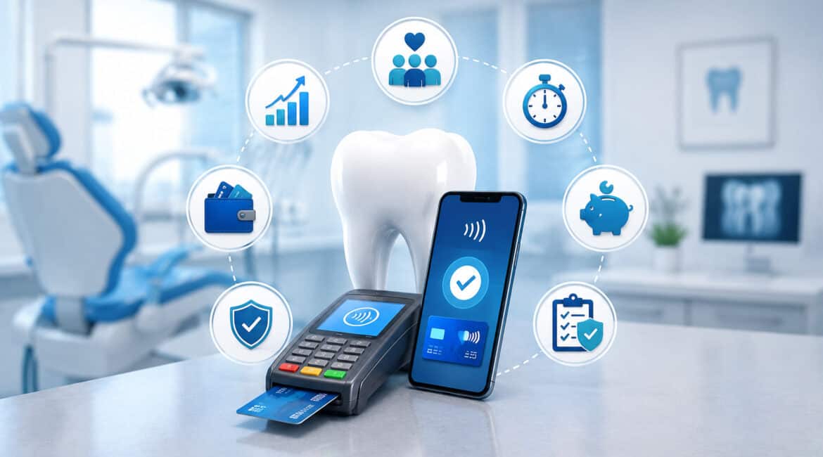 3D illustration of integrated dental payment solutions with a tooth model, contactless mobile payment, POS terminal, and healthcare finance icons inside a modern dental clinic