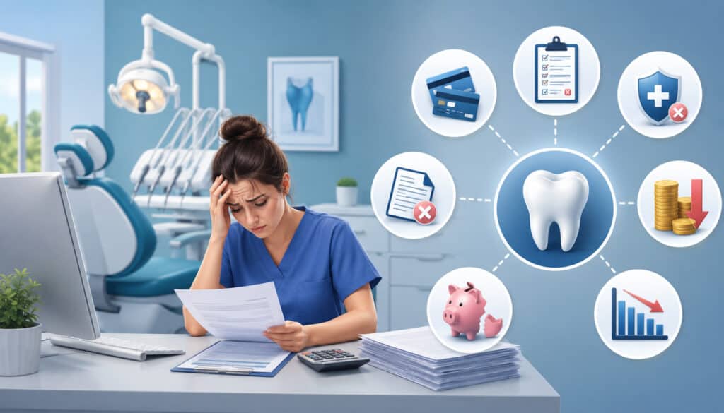 Dental practice staff member reviewing bills and insurance documents with payment challenge icons in a modern dental office