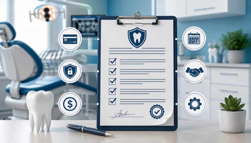 Illustration of a dental merchant account contract checklist with payment processing, security, pricing, and agreement icons inside a modern dental clinic setting