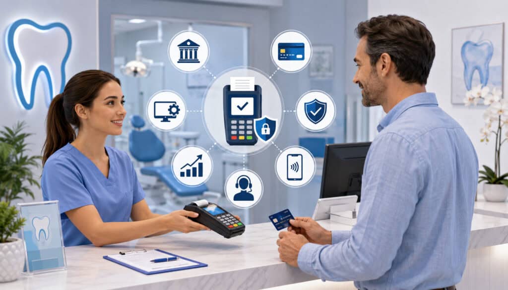 Modern dental office receptionist processing a secure card payment for a patient with digital merchant service and payment technology icons in the background