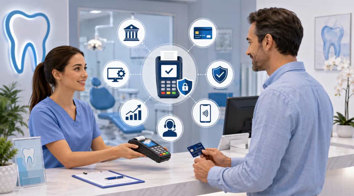 Modern dental office receptionist processing a secure card payment for a patient with digital merchant service and payment technology icons in the background