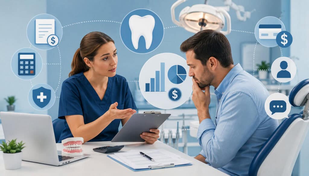 Dentist discussing dental billing, insurance costs, and treatment payment options with a patient in a modern dental clinic with financial and communication icons in the background