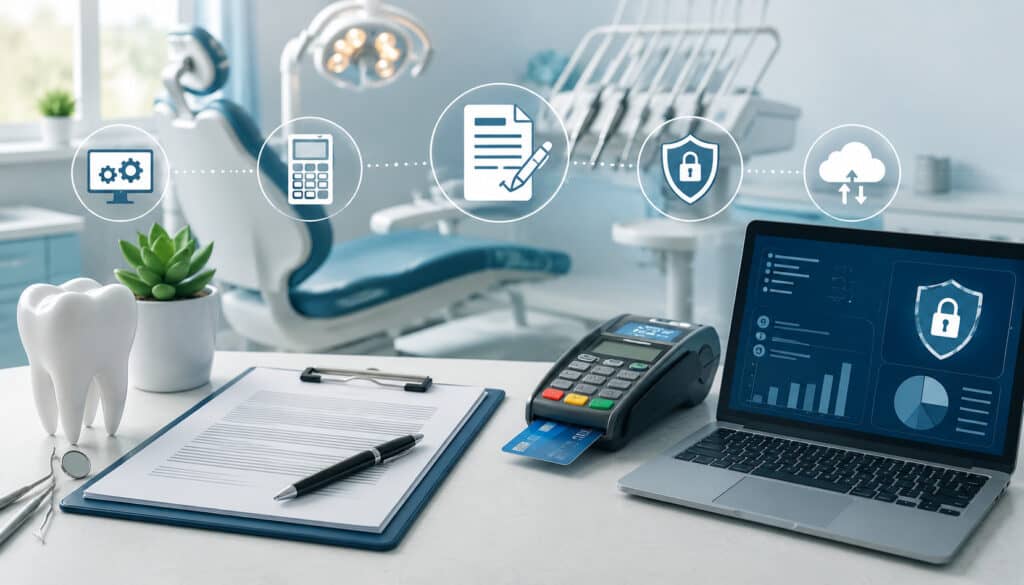 Modern dental office with payment terminal, software dashboard, and contract management icons representing equipment and software terms in dental payment processing contracts