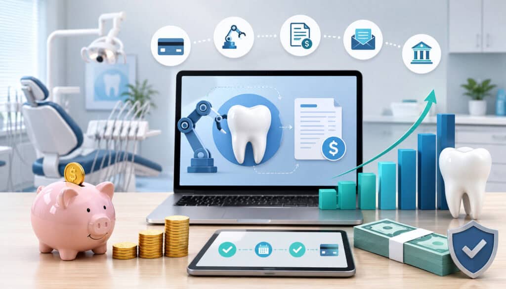 AI-powered dental payment automation dashboard with cash flow growth charts, secure digital payments, and modern dental clinic background