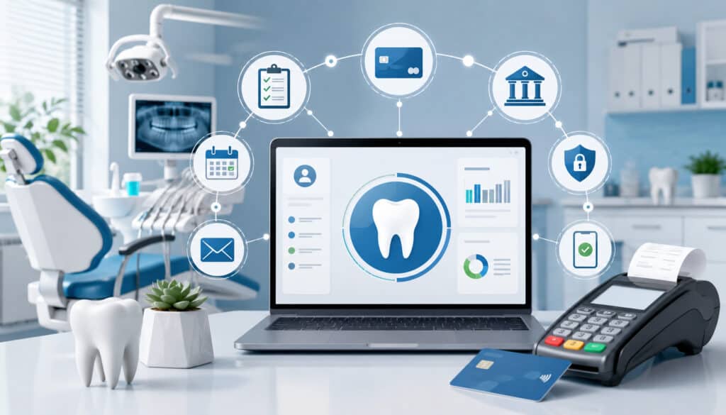 AI-generated illustration of an integrated dental office payment system with a modern dental clinic, digital payment terminals, patient billing dashboard, credit card processing icons, contactless payments, and healthcare finance technology interface