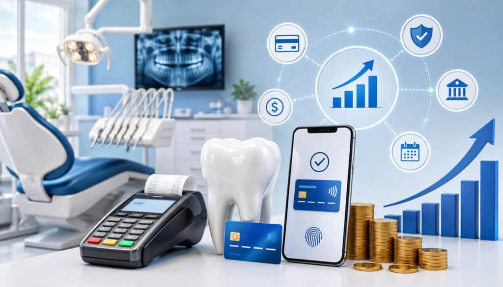 Illustration of integrated payment processing in a dental clinic showing digital payments, patient billing, cash flow management dashboard, and modern financial technology tools in a professional healthcare setting