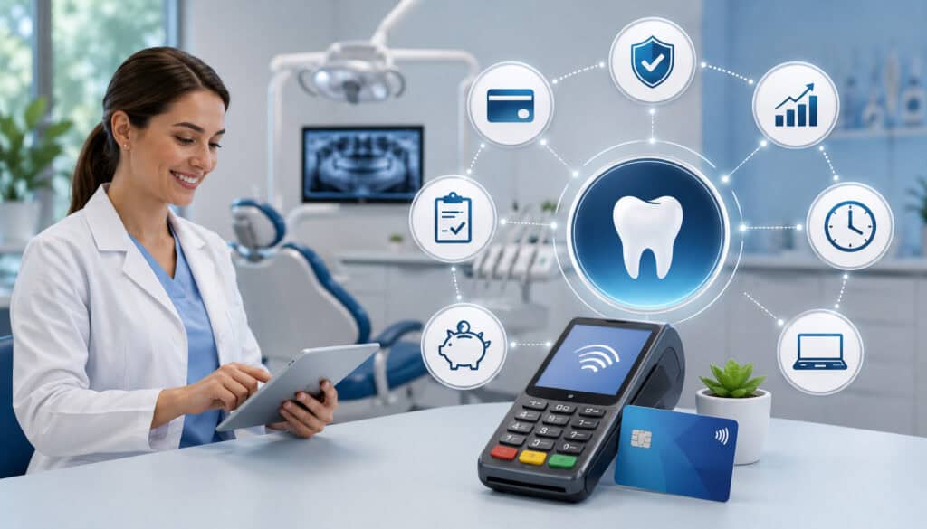 Dentist using integrated digital payment system with contactless terminal and healthcare management icons in a modern dental clinic