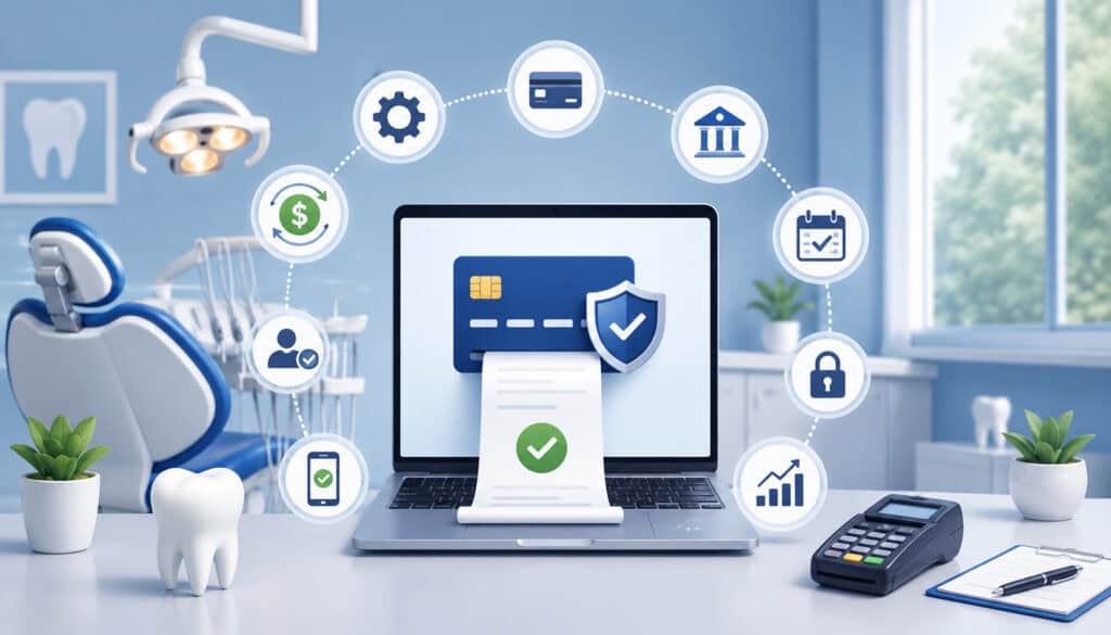 Automated dental payment system with secure digital billing, contactless payment terminal, and financial management icons in a modern dental clinic