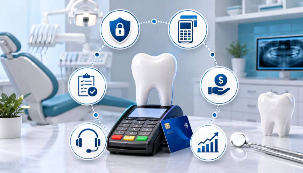 Modern dental clinic with payment terminal, tooth model, secure transaction icons, and digital merchant service features for dental practices
