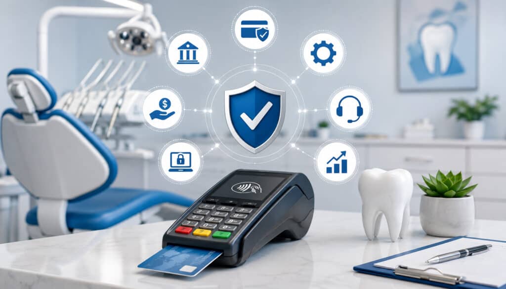 Modern dental office merchant services illustration featuring a dentist office reception, digital payment terminal, contactless card payment, invoicing dashboard, secure payment icons, and healthcare payment technology elements in a professional clinic environment