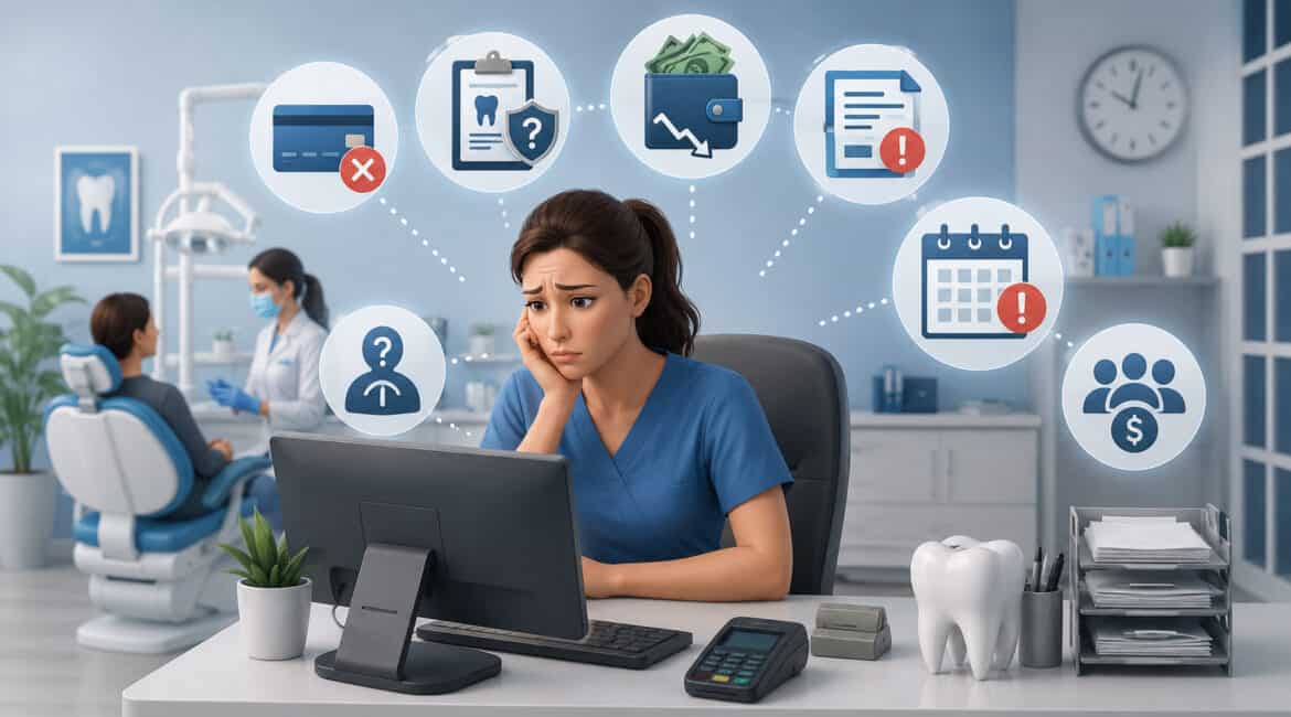 AI-generated illustration of dental practice payment challenges featuring a stressed dental office receptionist, billing issues, insurance claim problems, payment processing errors, appointment scheduling concerns, and patient treatment in a modern dental clinic
