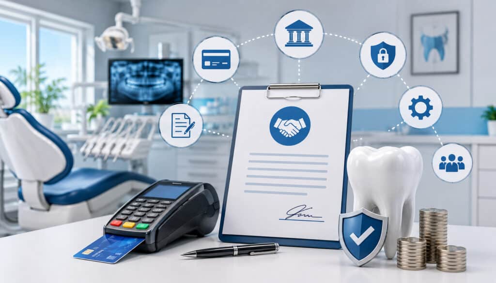 Illustration of merchant services contracts for dental practices featuring payment terminal, contract agreement, security shield, dental clinic equipment, and financial service icons in a modern healthcare office setting