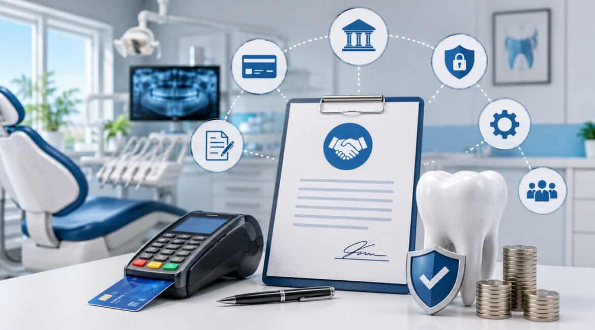 Illustration of merchant services contracts for dental practices featuring payment terminal, contract agreement, security shield, dental clinic equipment, and financial service icons in a modern healthcare office setting