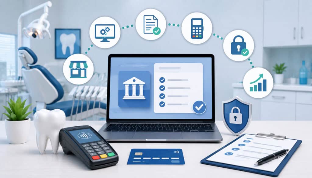 Modern dental office with merchant services setup dashboard, payment terminal, secure transaction icons, and digital payment processing workflow