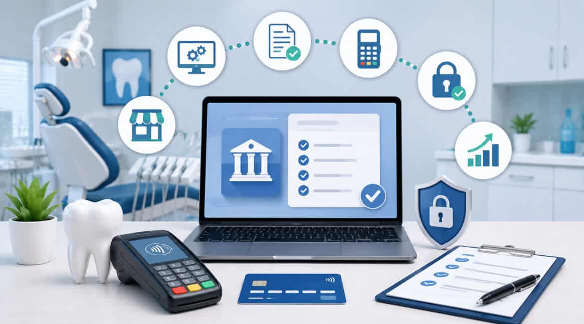 Modern dental office with merchant services setup dashboard, payment terminal, secure transaction icons, and digital payment processing workflow