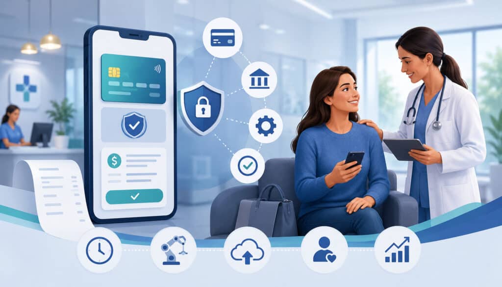 Digital healthcare payment automation system with patient using mobile payment app while consulting with a doctor in a modern medical clinic