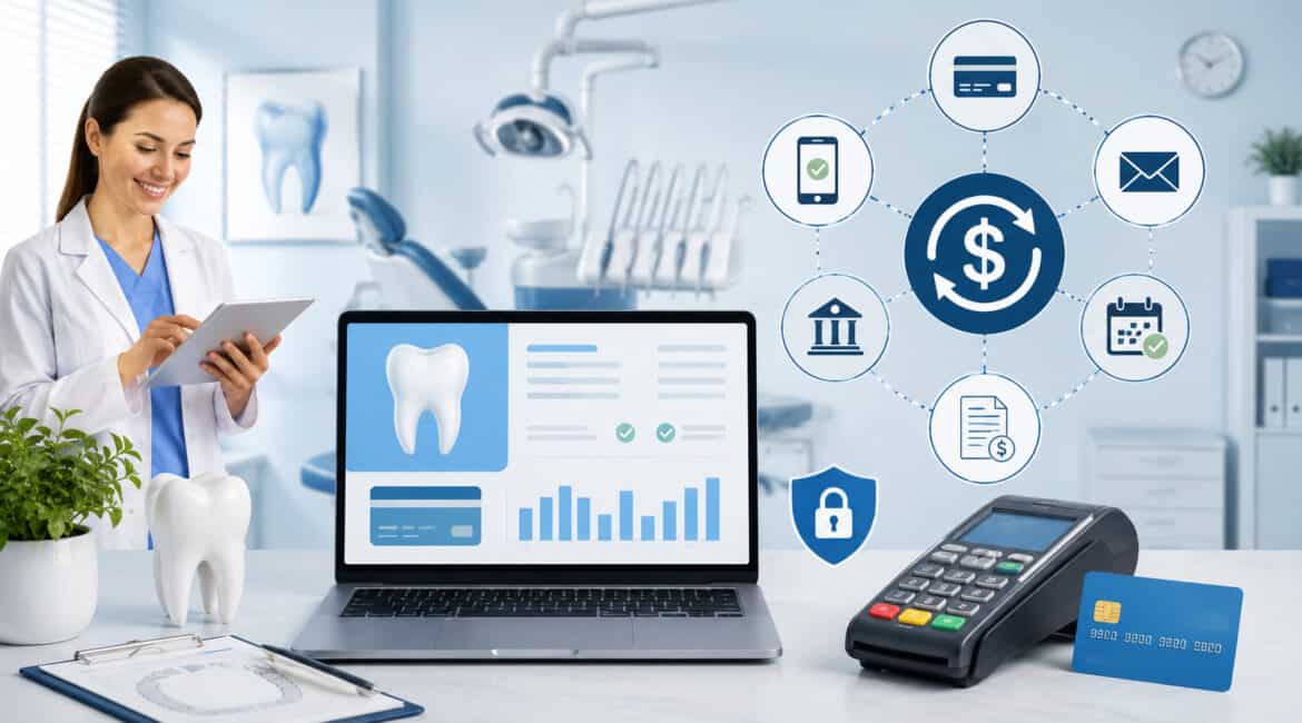 Modern dental office using automated payment processing system with digital billing dashboard, card terminal, secure transaction icons, and dental staff managing patient payments efficiently