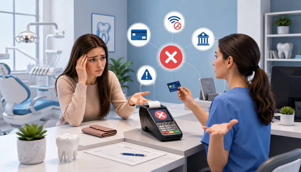 Dental office receptionist assisting a patient with a failed card payment transaction at a modern dental clinic reception desk