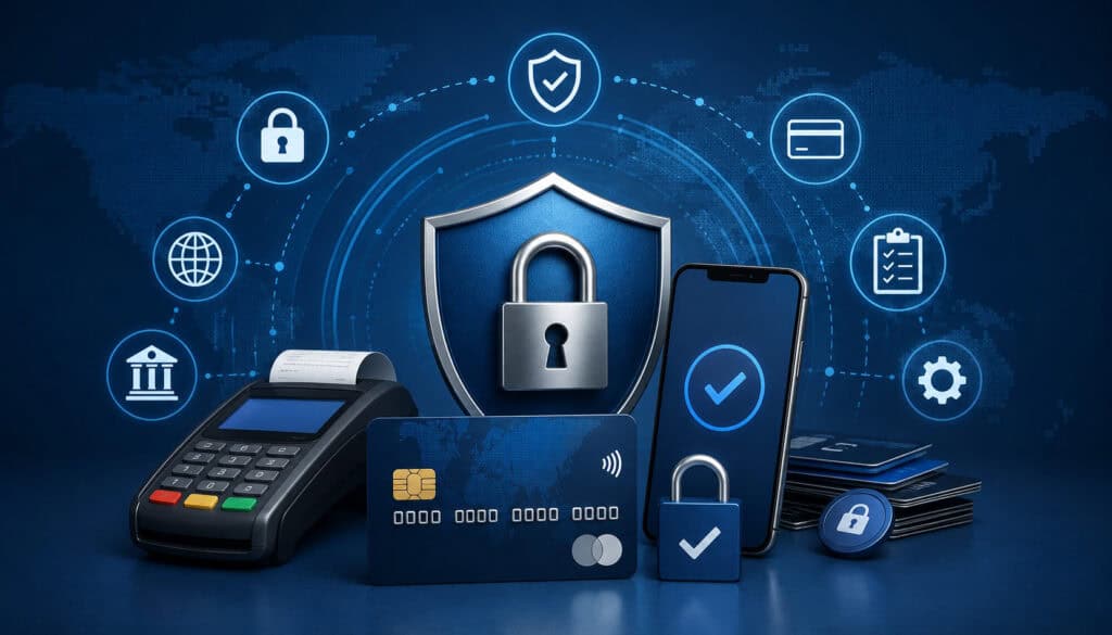 3D illustration of secure digital payment processing with cybersecurity shield, payment terminal, credit cards, mobile authentication, and compliance security icons on a blue technology background