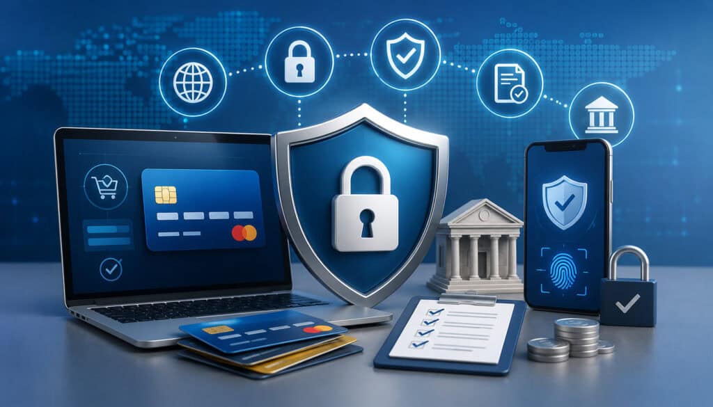 AI-generated illustration of secure digital payment processing with cybersecurity shields, encrypted transactions, compliance icons, biometric authentication, and fintech dashboard elements representing payment security and regulatory compliance