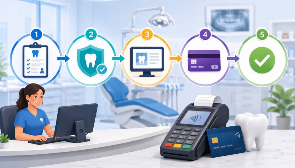 Illustration of a step-by-step dental payment processing setup with insurance verification, digital records, card payment terminal, and dental clinic background