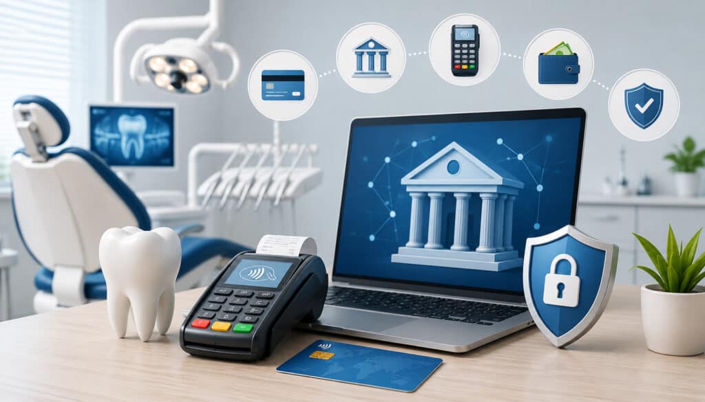 Modern dental clinic with secure payment terminal, banking icons, laptop dashboard, and healthcare payment processing concept illustration