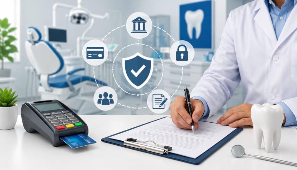 Dentist reviewing payment processing agreement with credit card terminal and secure transaction icons inside a modern dental clinic
